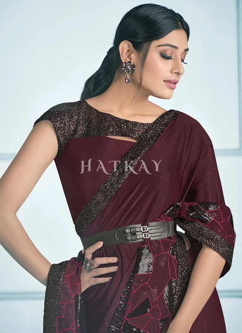 Maroon Black Sequence Embroidered Festive Saree