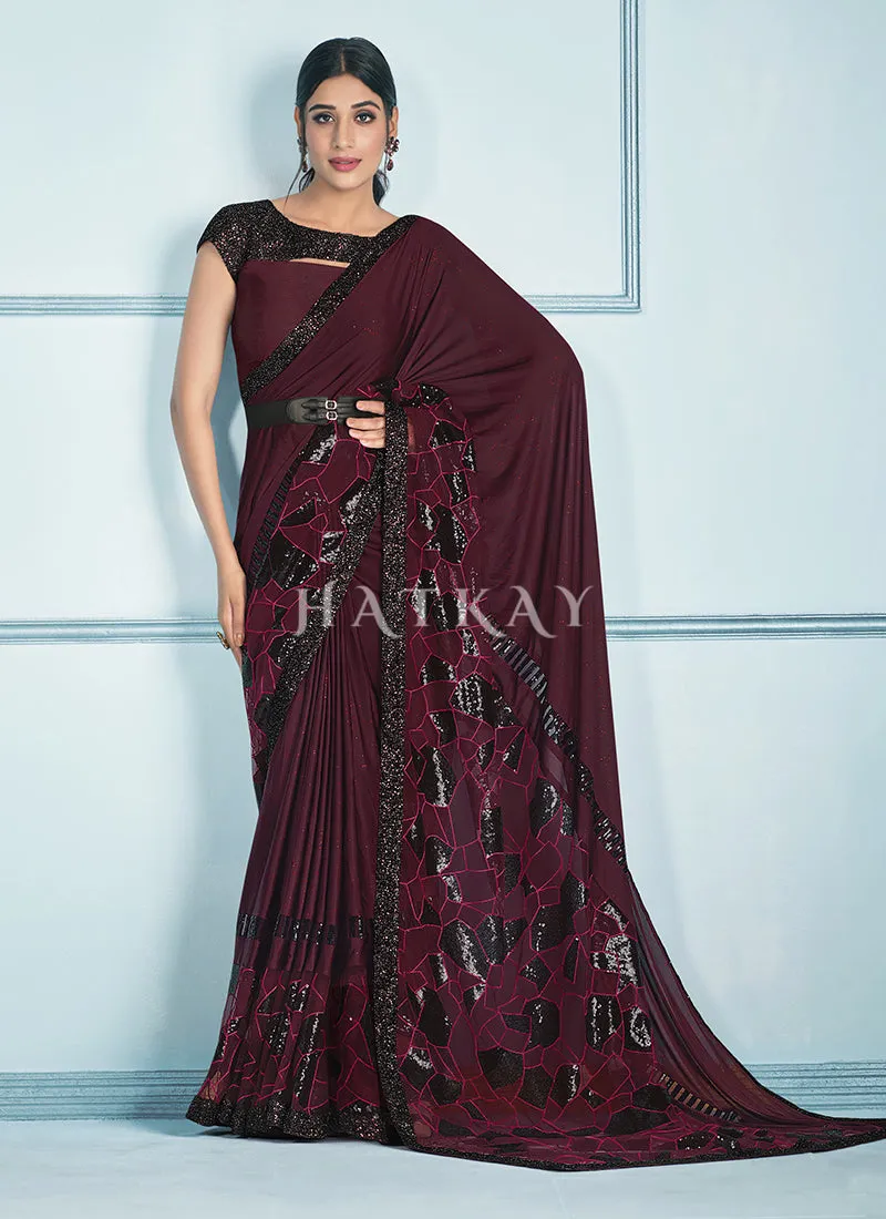 Maroon Black Sequence Embroidered Festive Saree