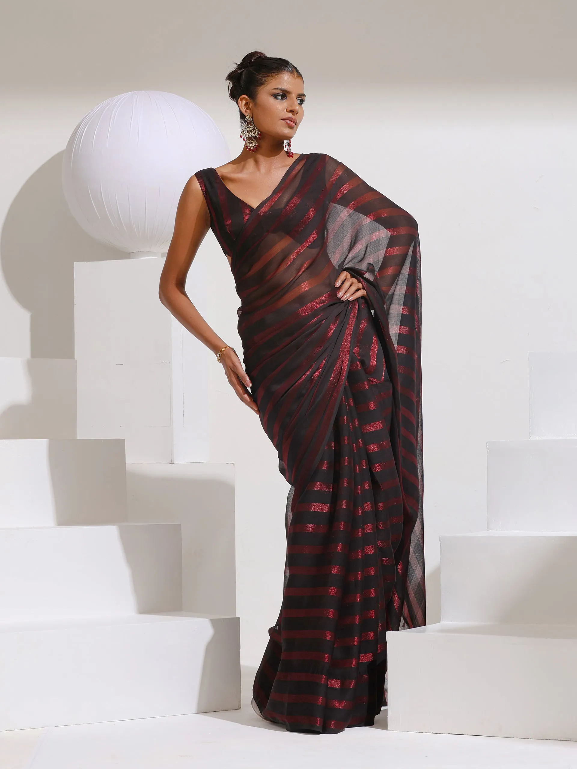 Maroon Peekaboo Shimmer and Stripe Chiffon Saree with Plain Blouse