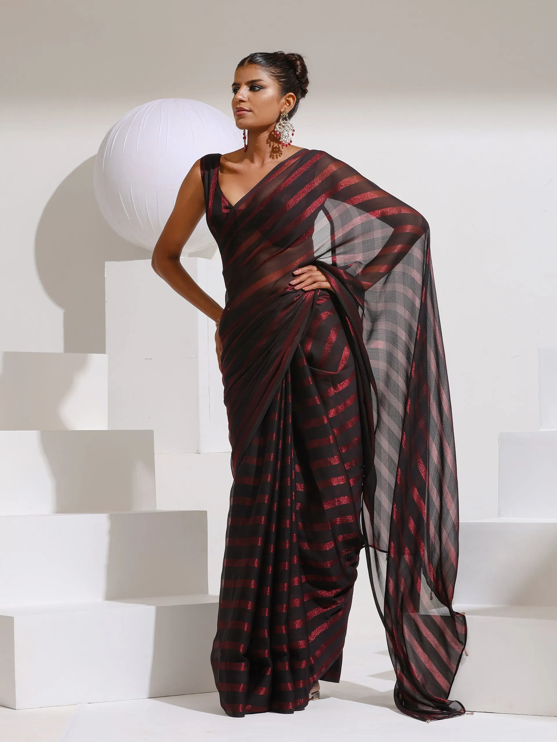 Maroon Peekaboo Shimmer and Stripe Chiffon Saree with Plain Blouse
