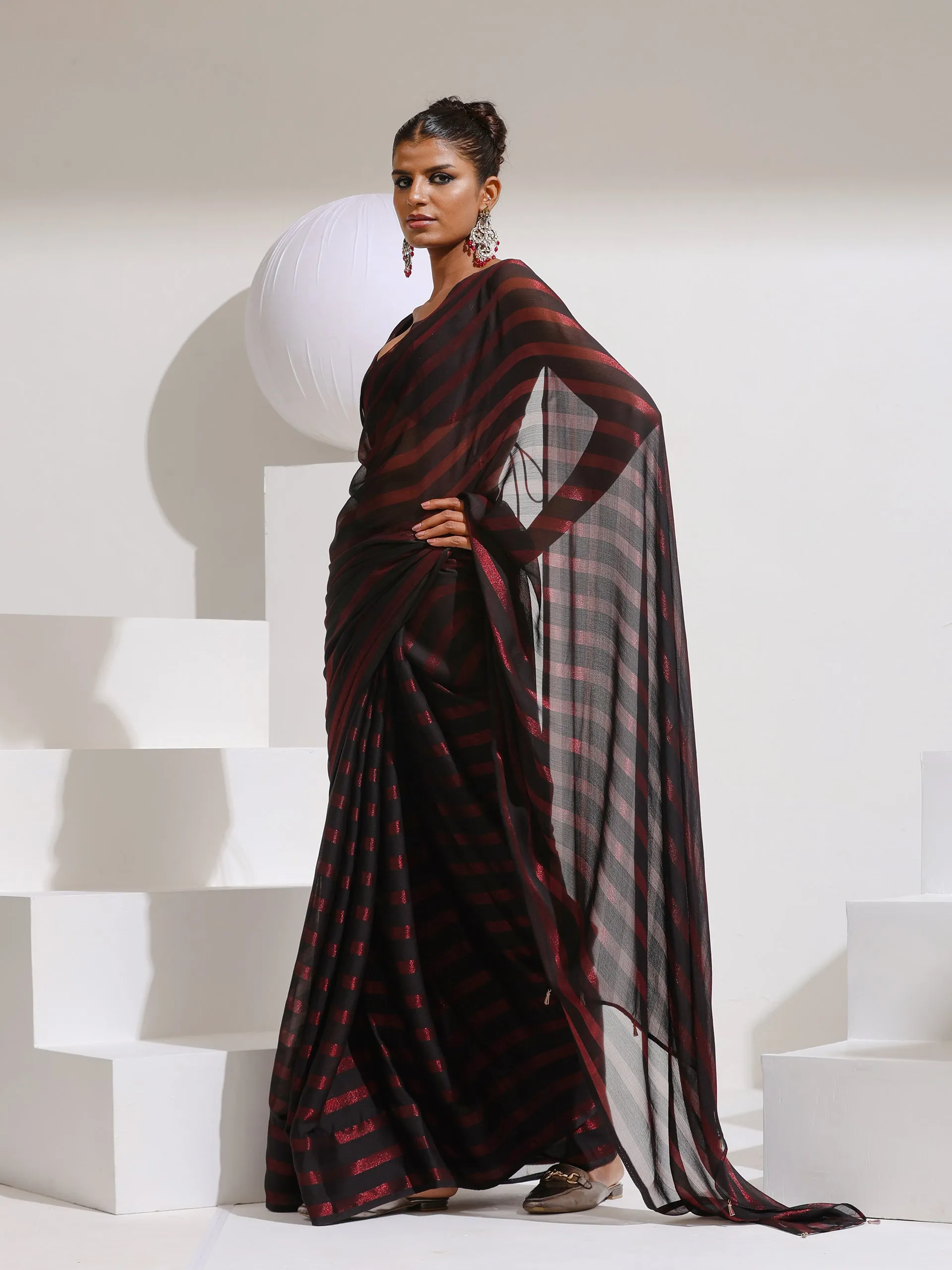 Maroon Peekaboo Shimmer and Stripe Chiffon Saree with Plain Blouse
