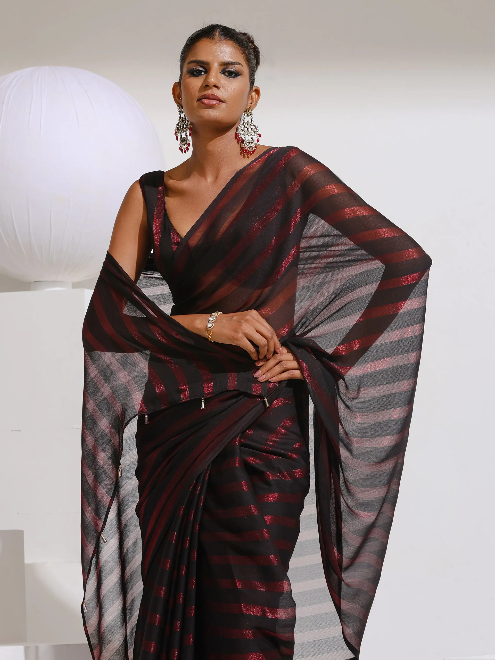 Maroon Peekaboo Shimmer and Stripe Chiffon Saree with Plain Blouse