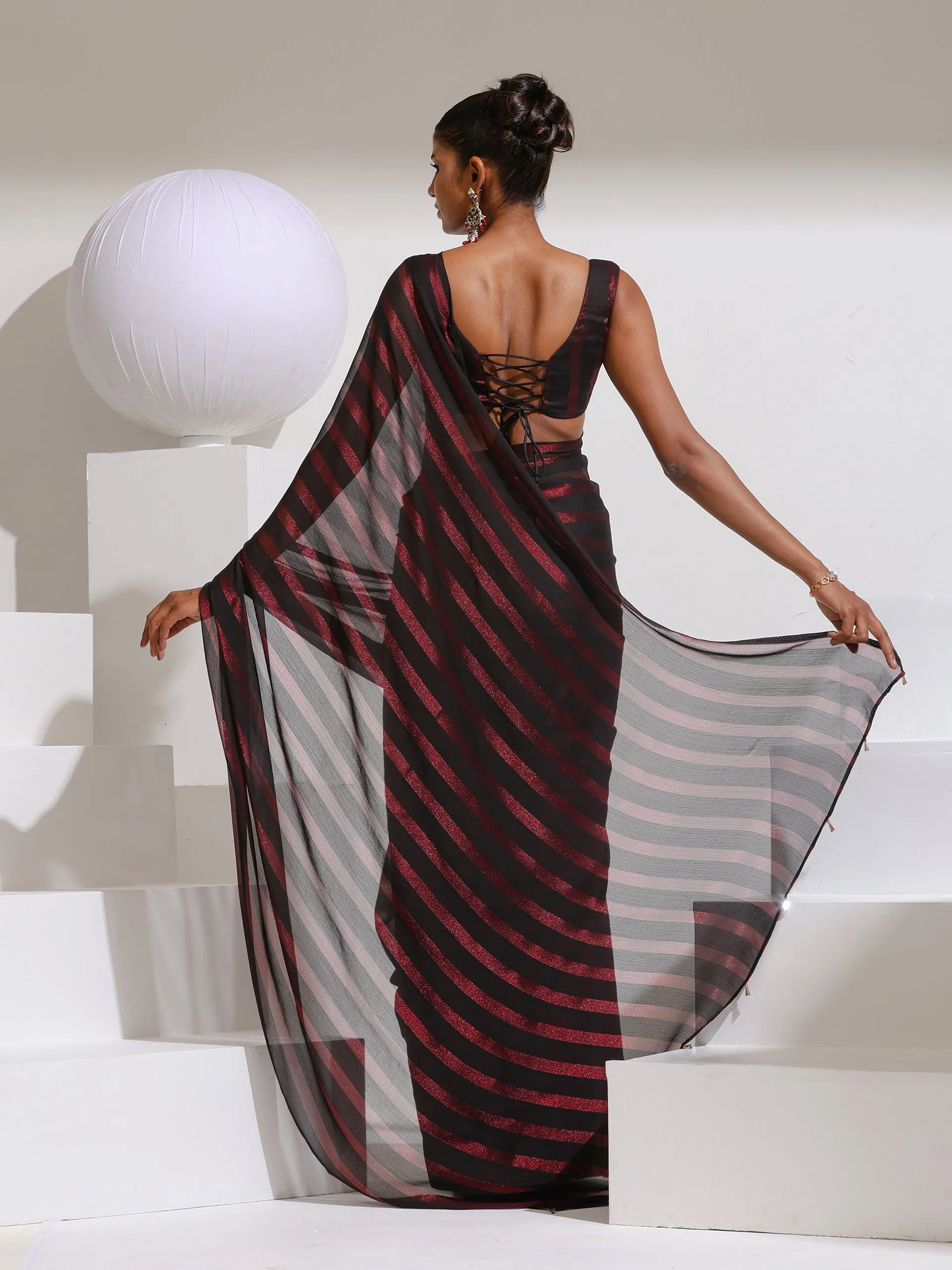 Maroon Peekaboo Shimmer and Stripe Chiffon Saree with Plain Blouse