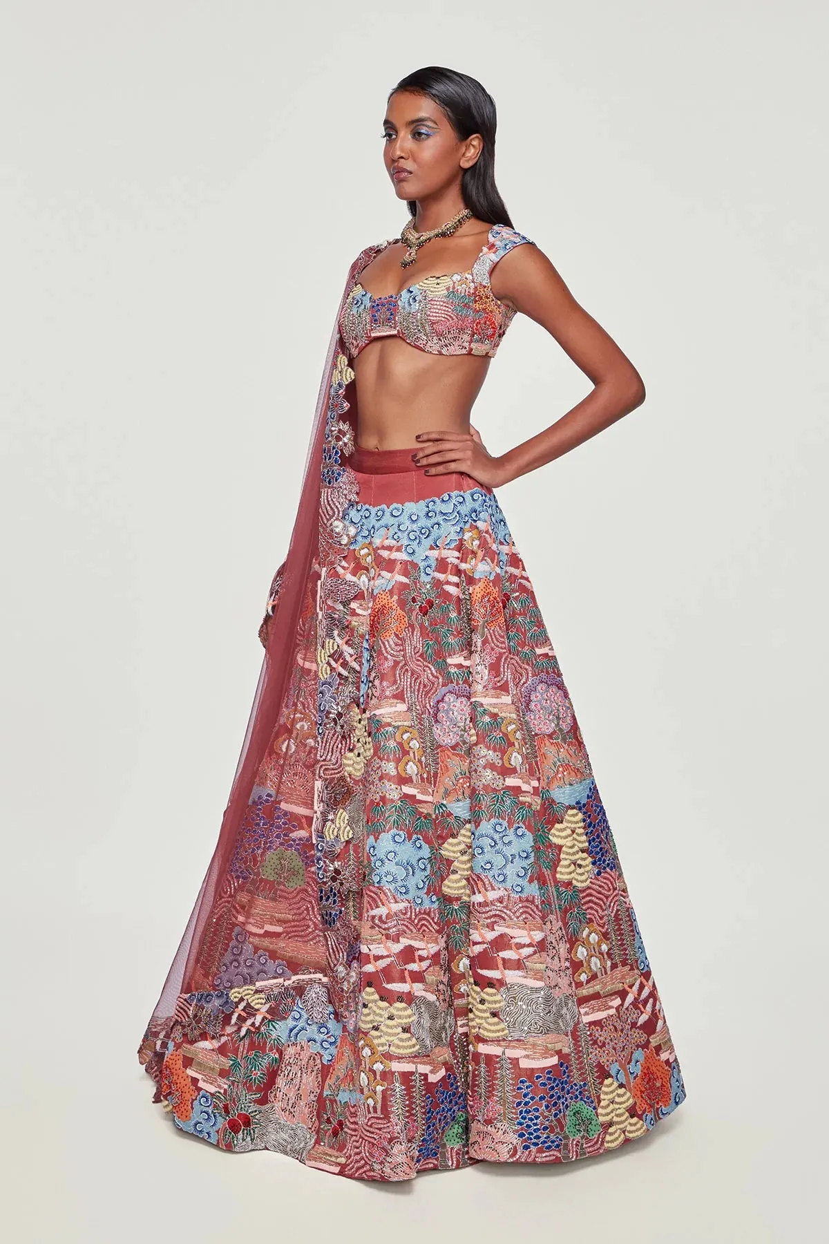 Maroon Tissue Appliquéd And Embellished Lehenga With Blouse And Dupatta