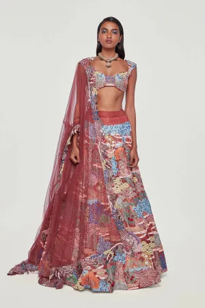 Maroon Tissue Appliquéd And Embellished Lehenga With Blouse And Dupatta