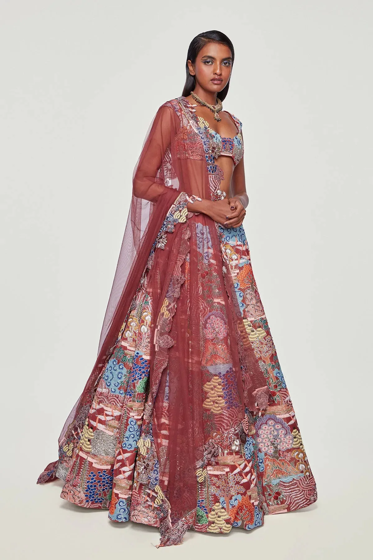 Maroon Tissue Appliquéd And Embellished Lehenga With Blouse And Dupatta