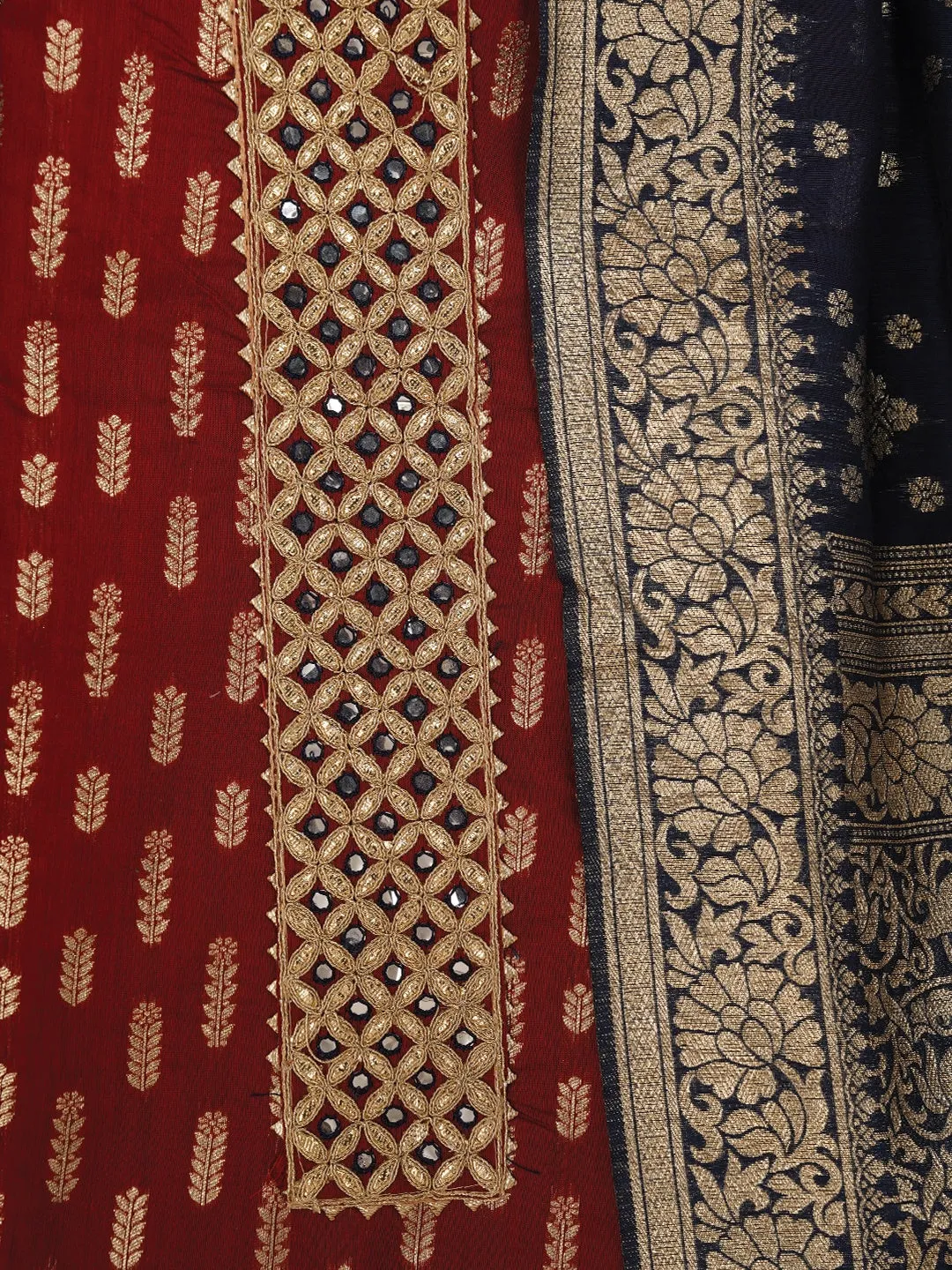 Maroon Unstitched Silk Blend Embellished Dress Material With Dupatta