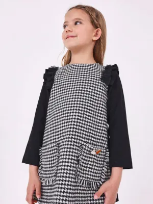 Mayoral Junior Girl Black & White Dogtooth Long Sleeve Dress