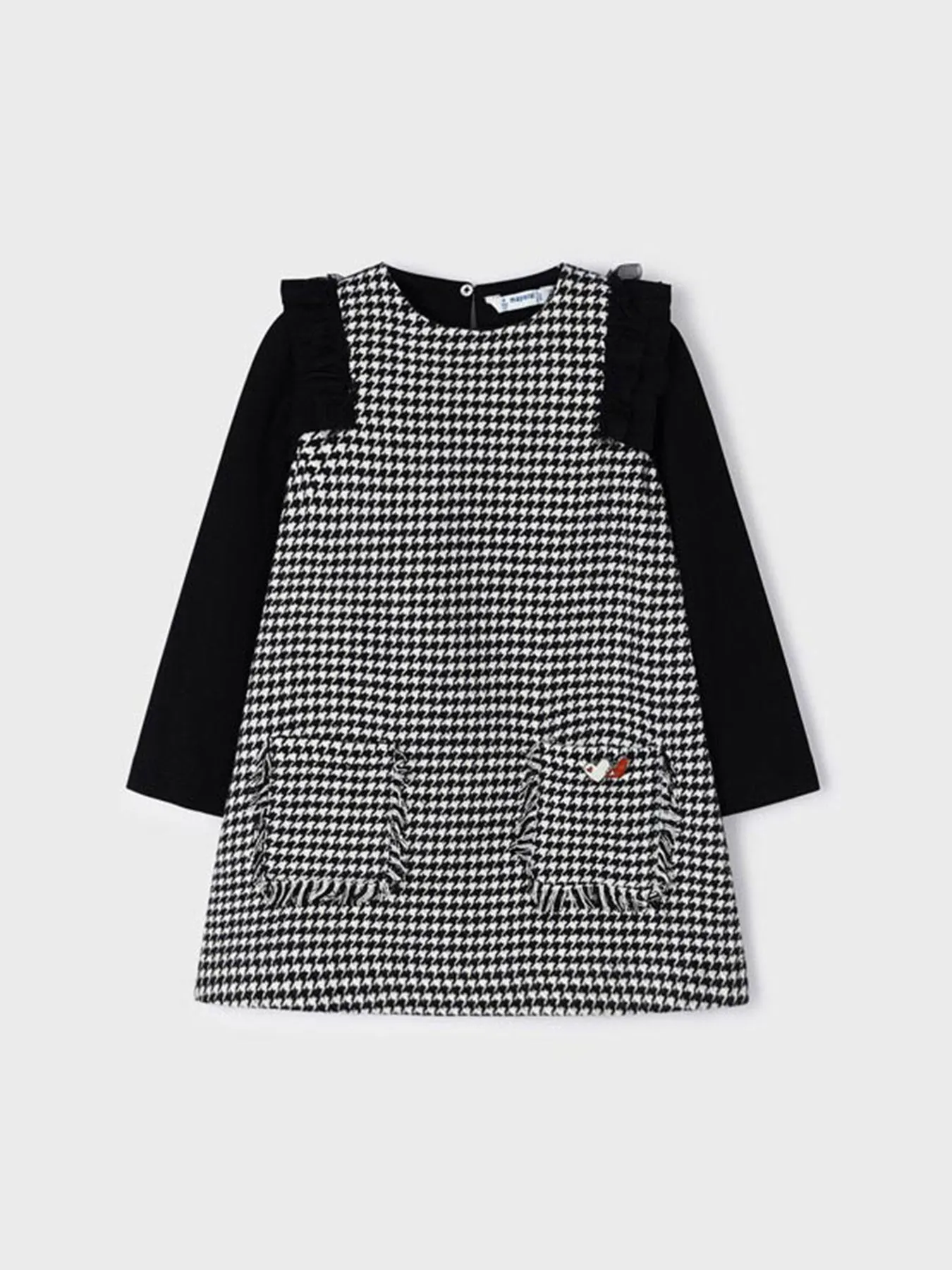 Mayoral Junior Girl Black & White Dogtooth Long Sleeve Dress