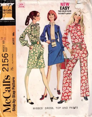 McCall's 2156 Womens Full Sleeved Dress or Top with Wide Cuffs Bias Tied Collar & Pants 1960s Vintage Sewing Pattern Size 14 Bust 36 inches