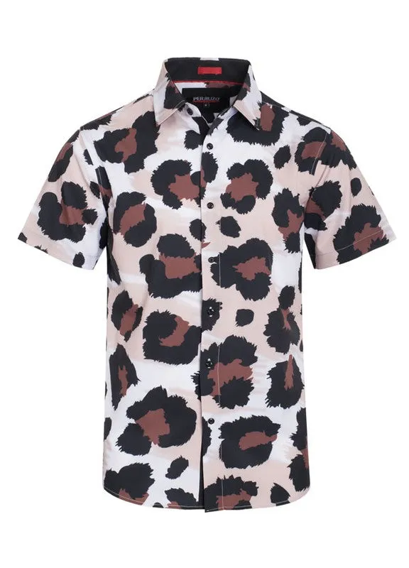 Men's Casual Button Down  Short-Sleeve Brown Shirt