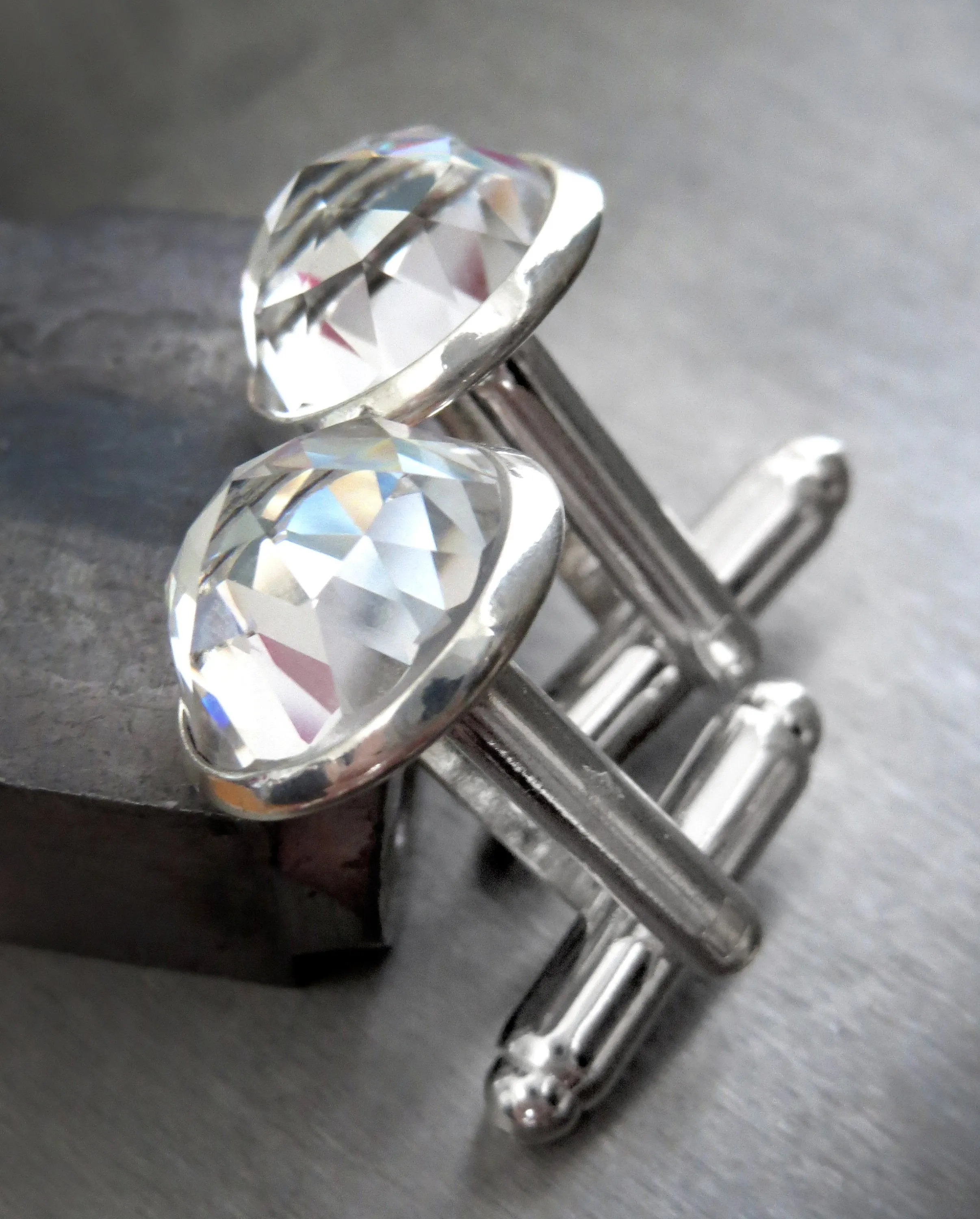 Mens Formal Silver Cufflinks with Clear Crystal