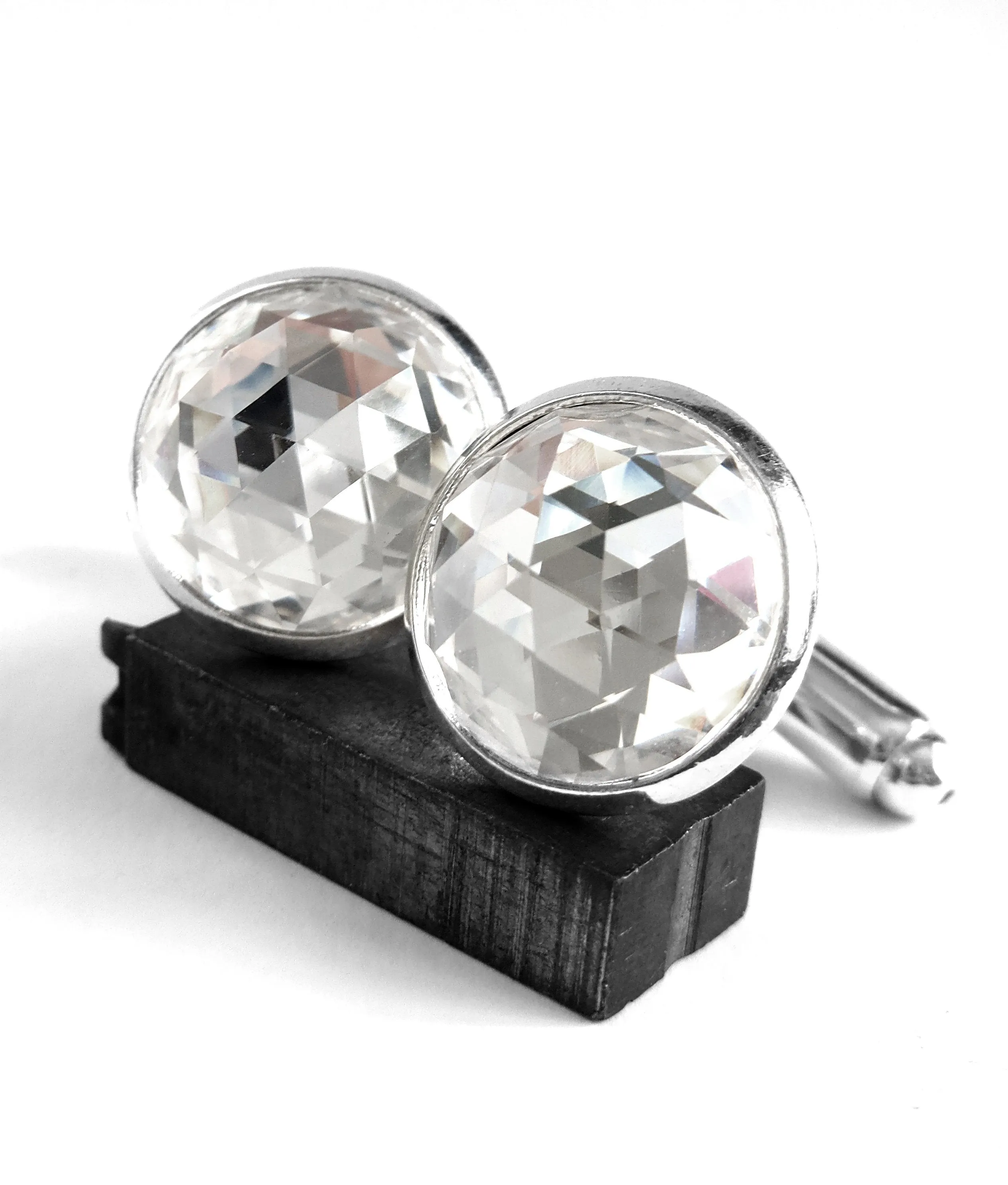 Mens Formal Silver Cufflinks with Clear Crystal