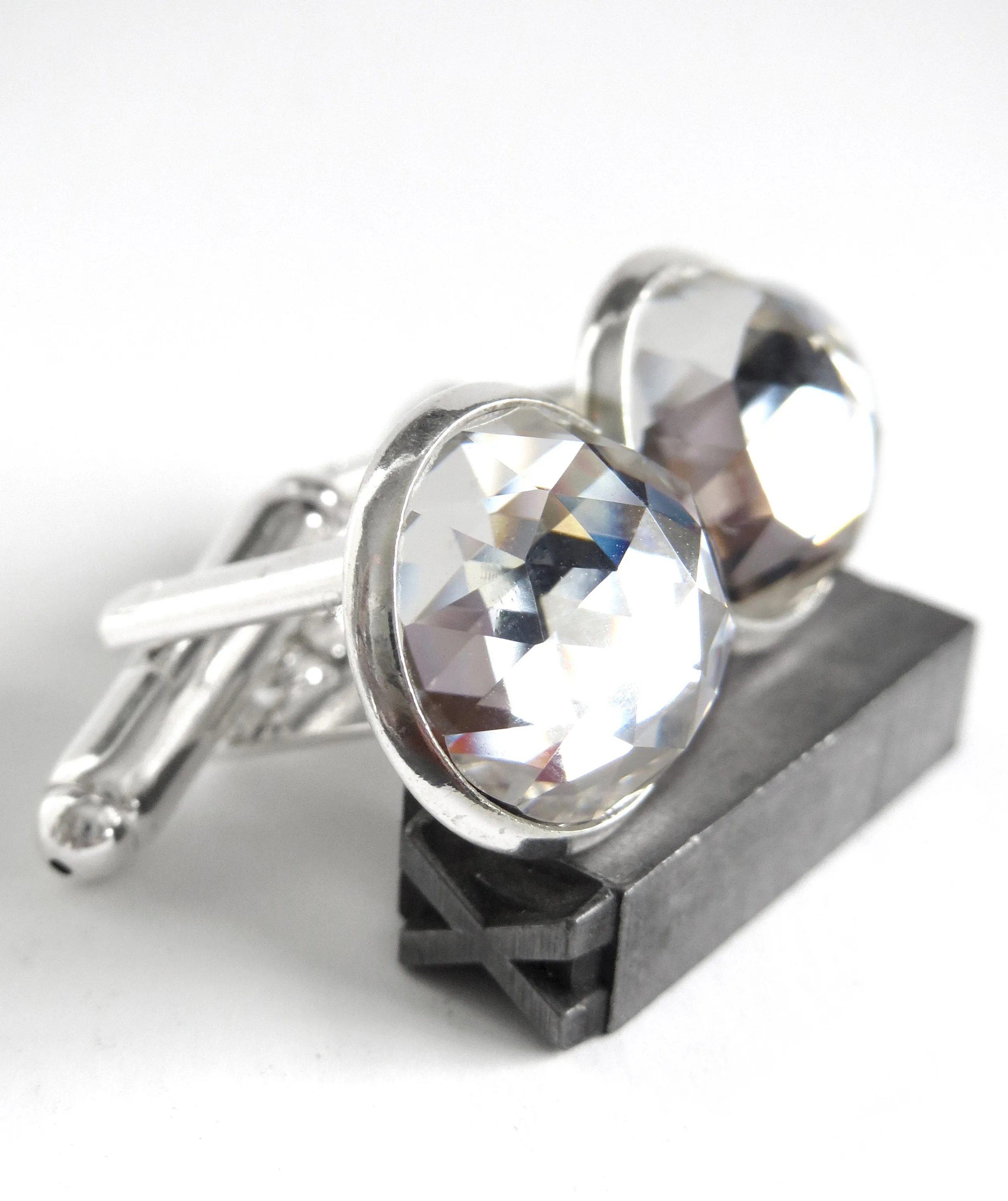 Mens Formal Silver Cufflinks with Clear Crystal