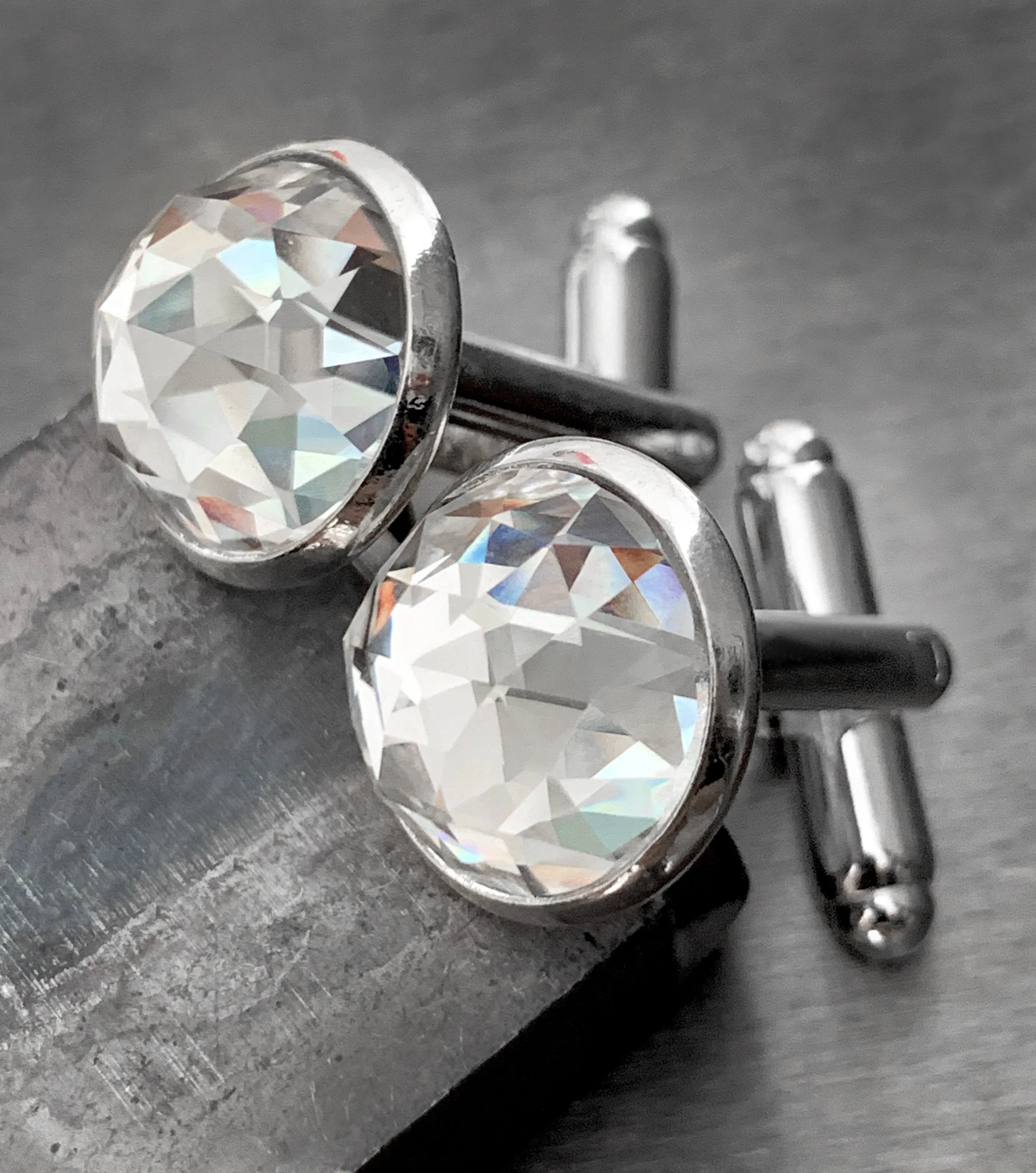 Mens Formal Silver Cufflinks with Clear Crystal