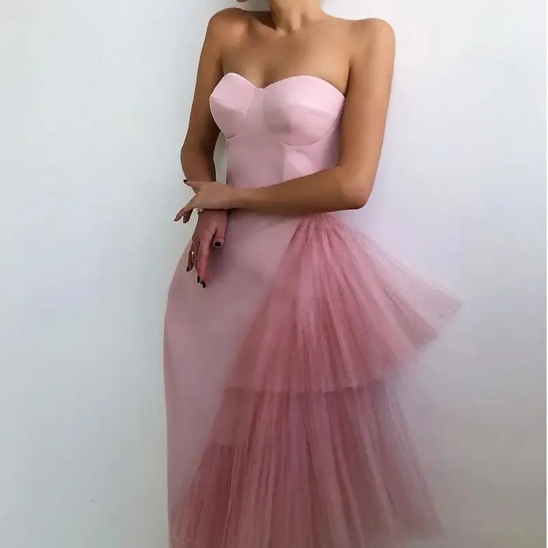 Mesh Midi Skirt Dress - Solid Color with Ruffled Tube Top