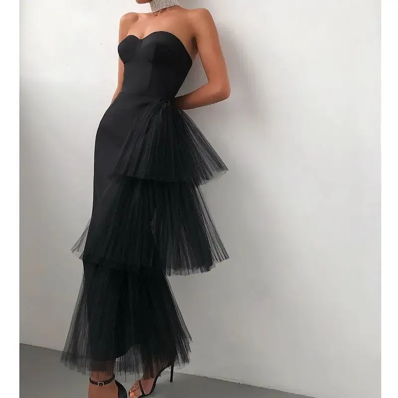 Mesh Midi Skirt Dress - Solid Color with Ruffled Tube Top