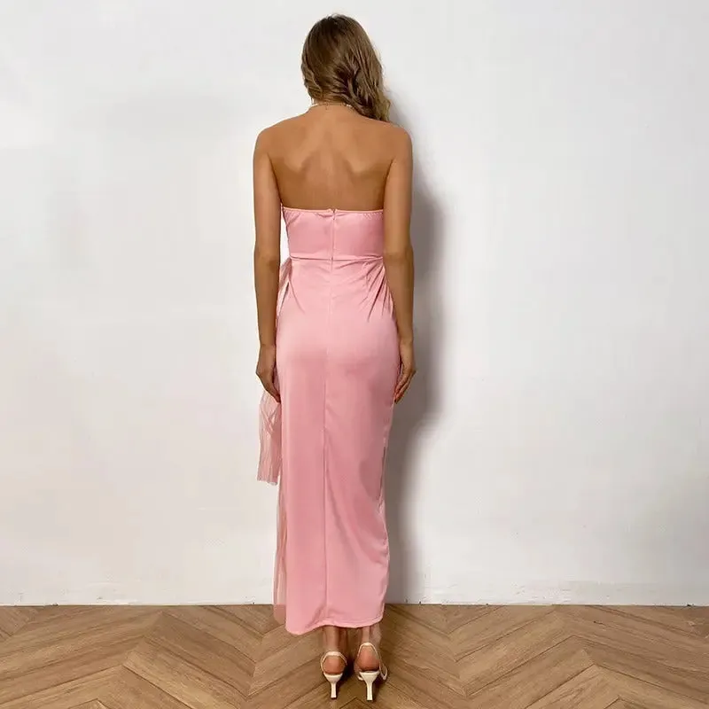 Mesh Midi Skirt Dress - Solid Color with Ruffled Tube Top