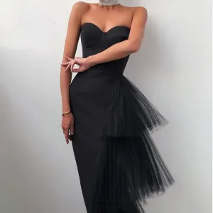 Mesh Midi Skirt Dress - Solid Color with Ruffled Tube Top