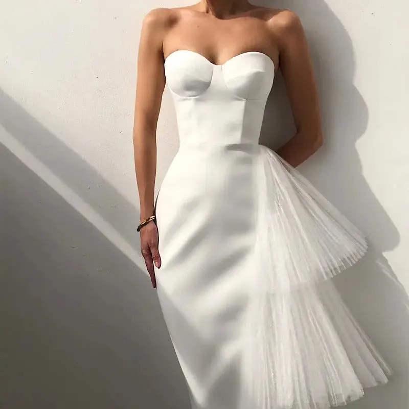 Mesh Midi Skirt Dress - Solid Color with Ruffled Tube Top