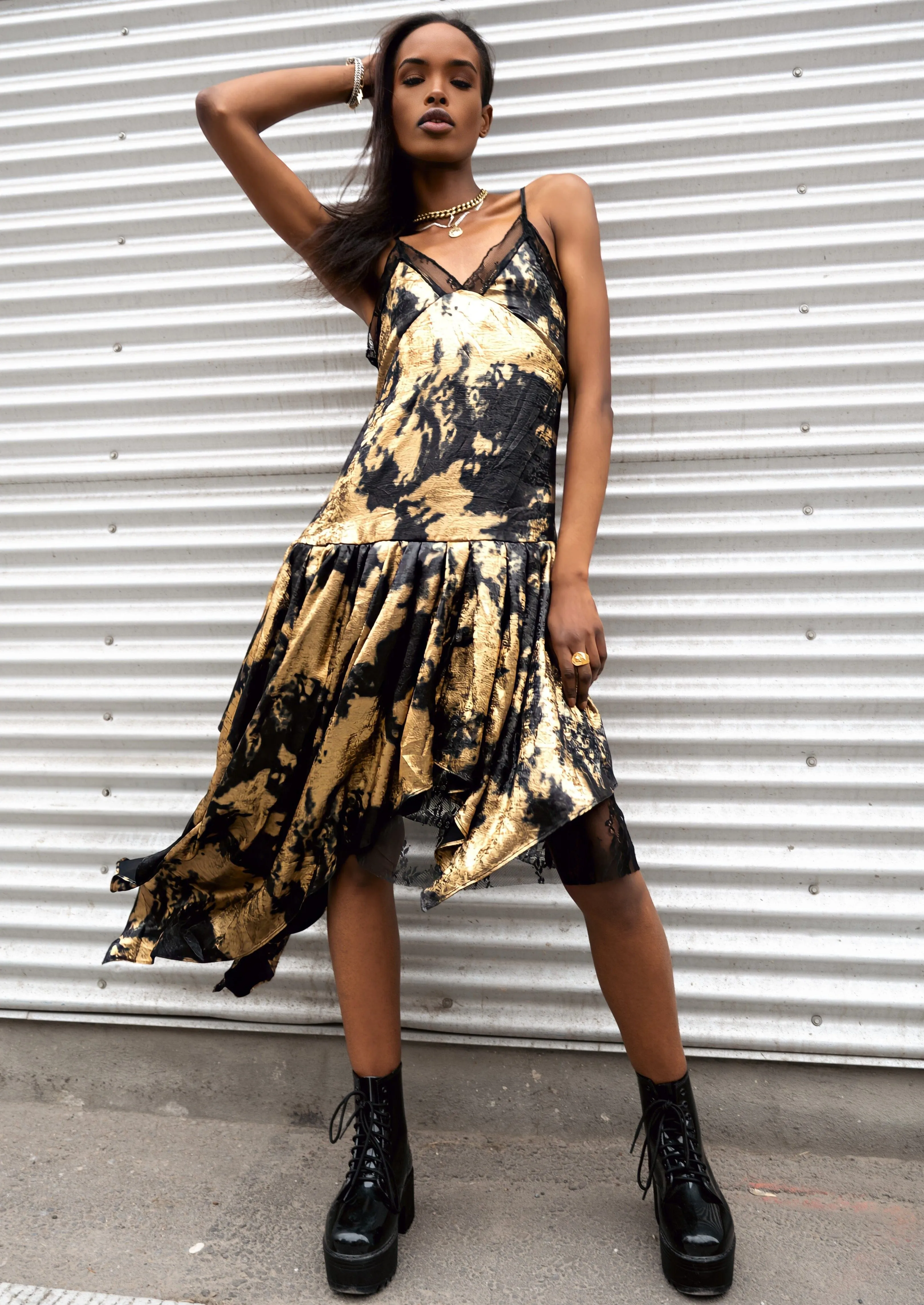 Metallic Draped Midi Dress