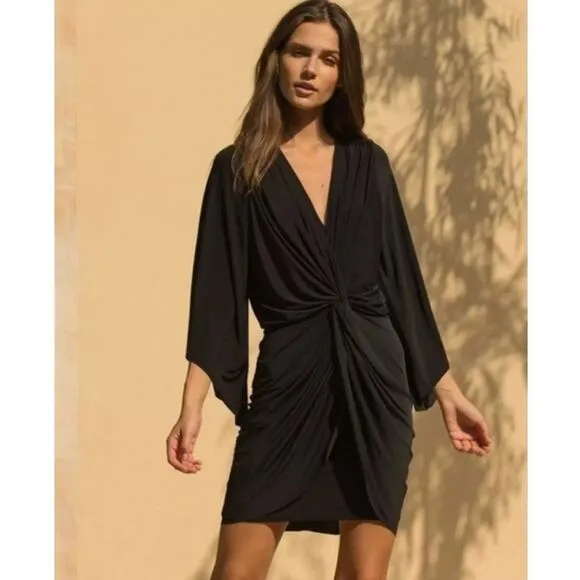 Misa Los Angeles Teget Mini Dress Bell Sleeve Black Draped Cocktail Small NWT