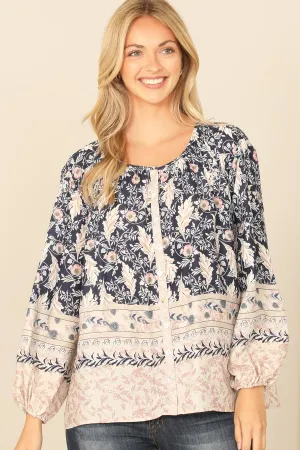 MIX LONG PUFF SLEEVE PRINTED TOP