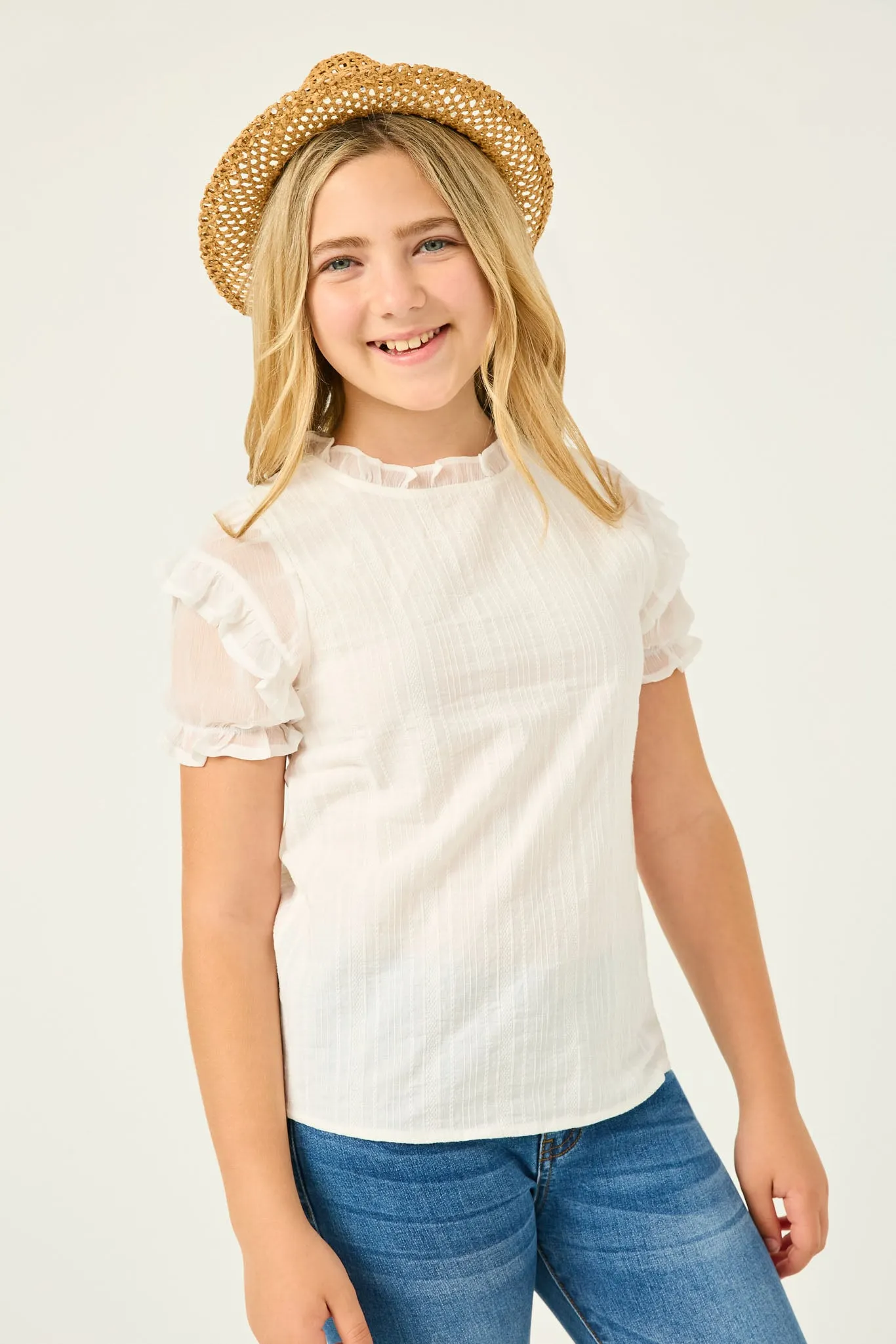 Mix Media Ruffled Sleeve Textured Top