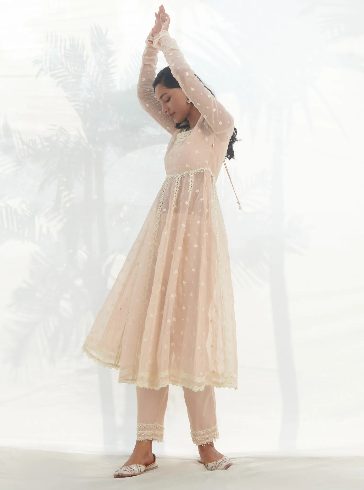 Mulmul Organza Anarkali Raia Beige Kurta With Mulmul Cotton Raia Beige Pant