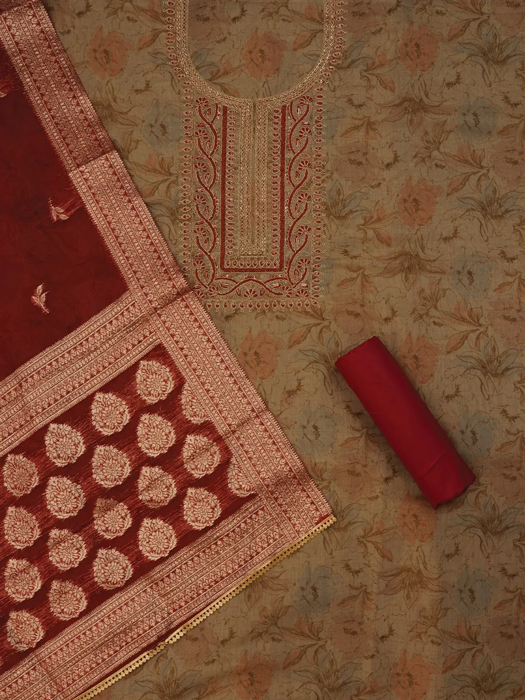 Multicolor Floral Printed Embellished Organza Dress Material with Dupatta