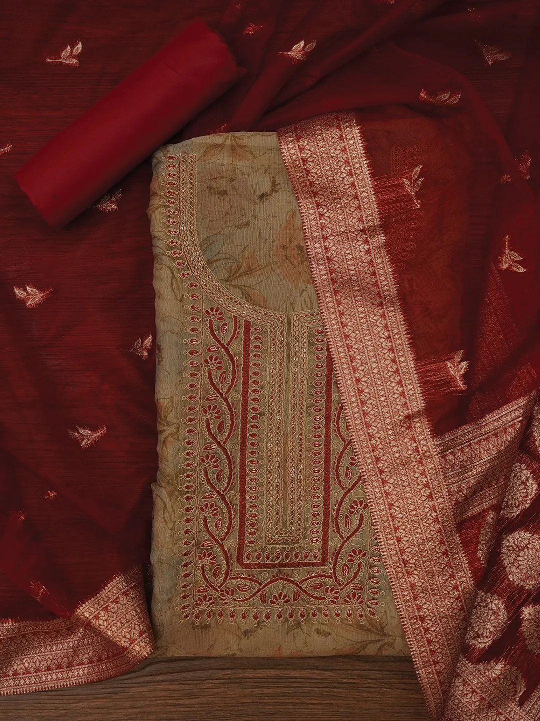 Multicolor Floral Printed Embellished Organza Dress Material with Dupatta
