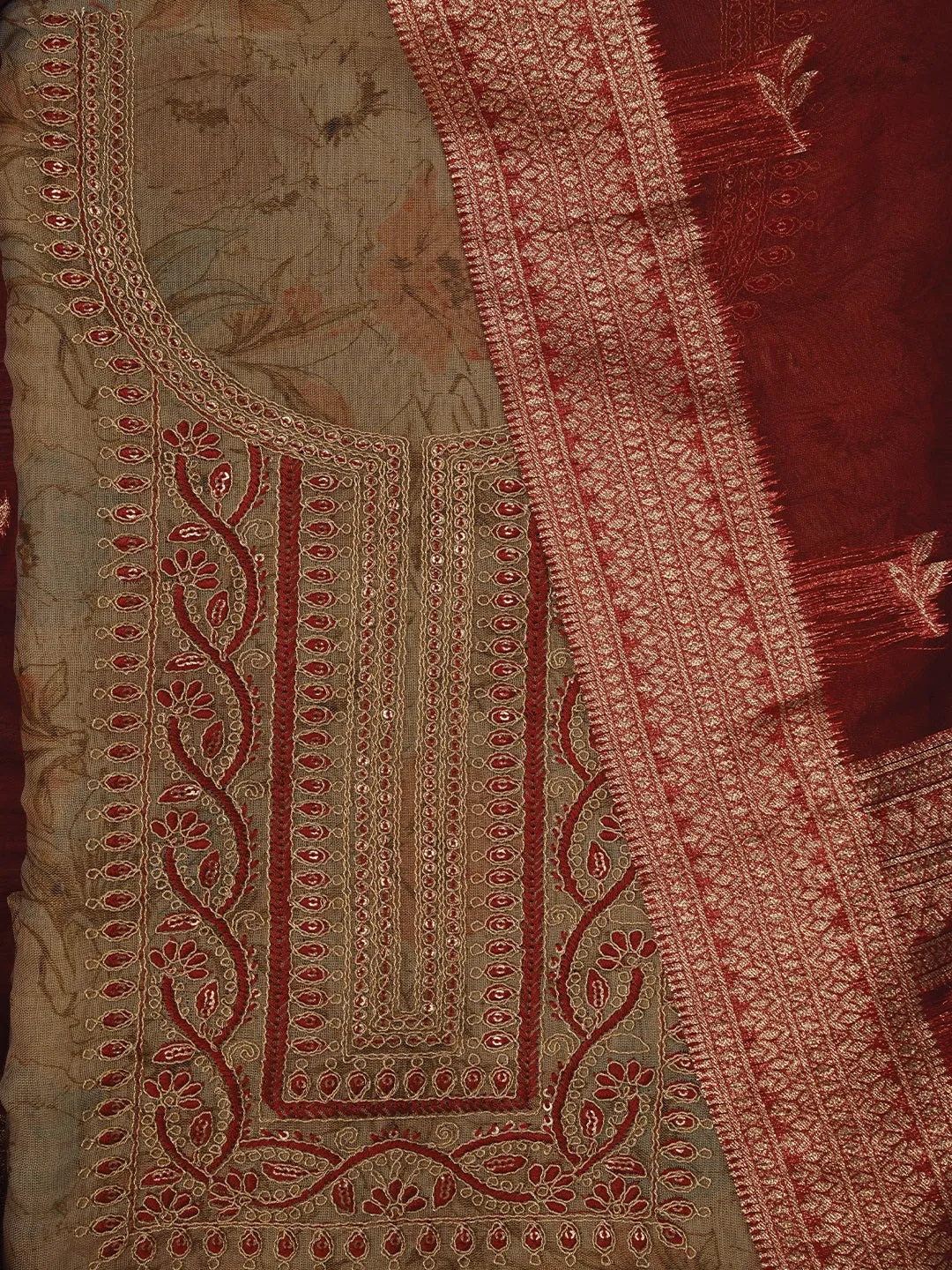 Multicolor Floral Printed Embellished Organza Dress Material with Dupatta