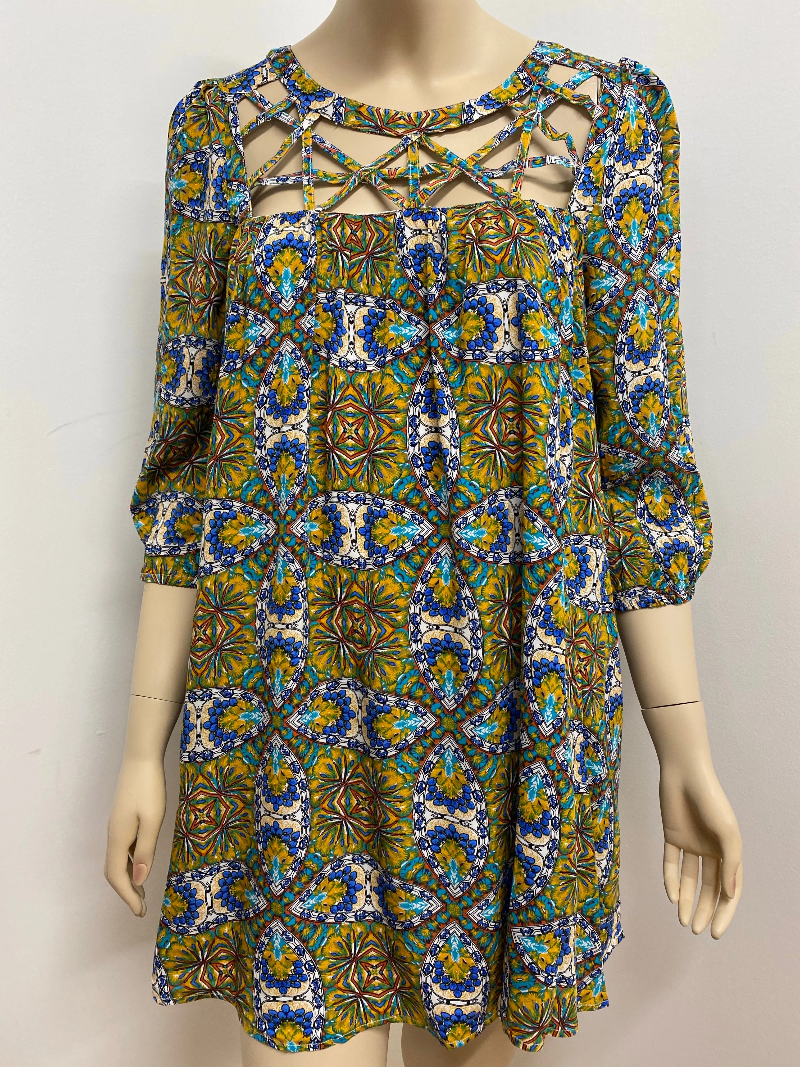 Mustard Dress Top with Strap Yoke Neckline