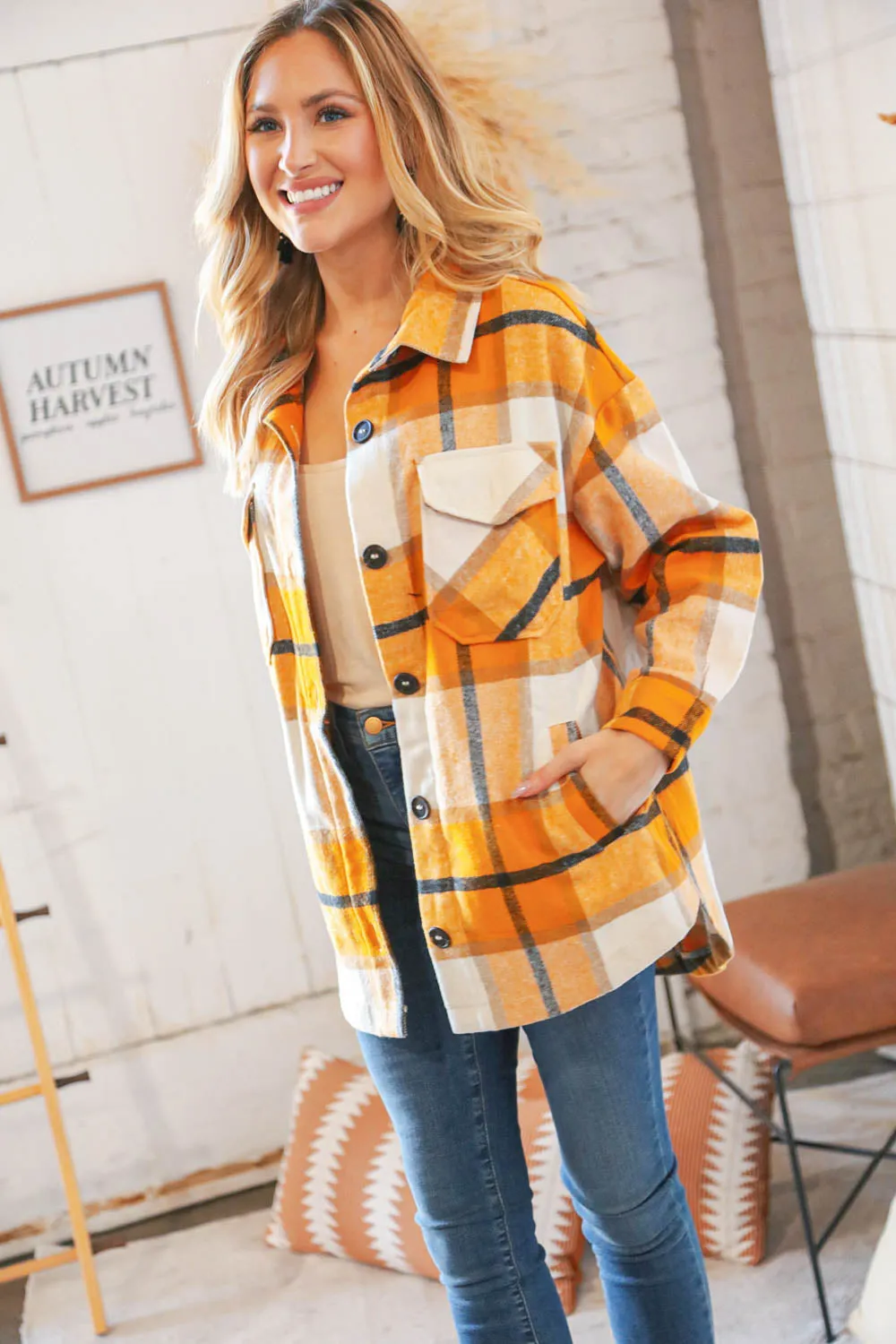 Mustard Plaid Flannel Button Down Oversized Jacket