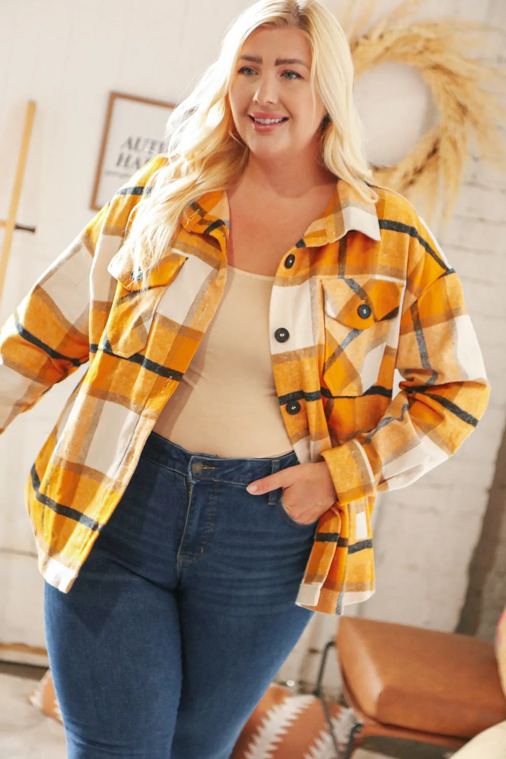 Mustard Plaid Flannel Button Down Oversized Jacket