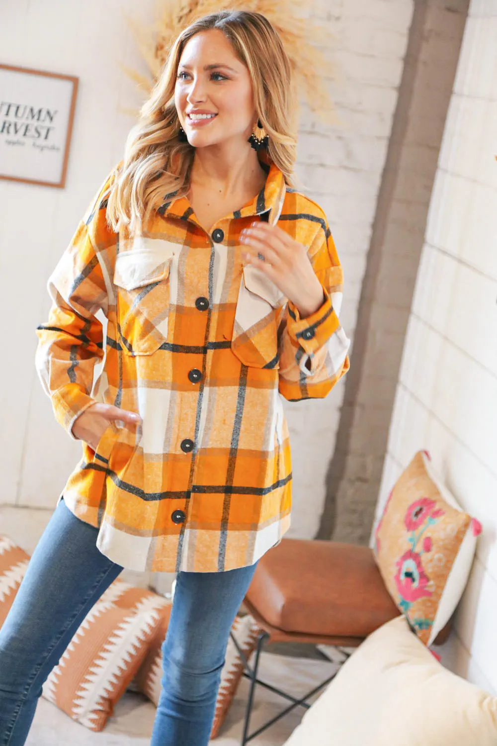 Mustard Plaid Flannel Button Down Oversized Jacket