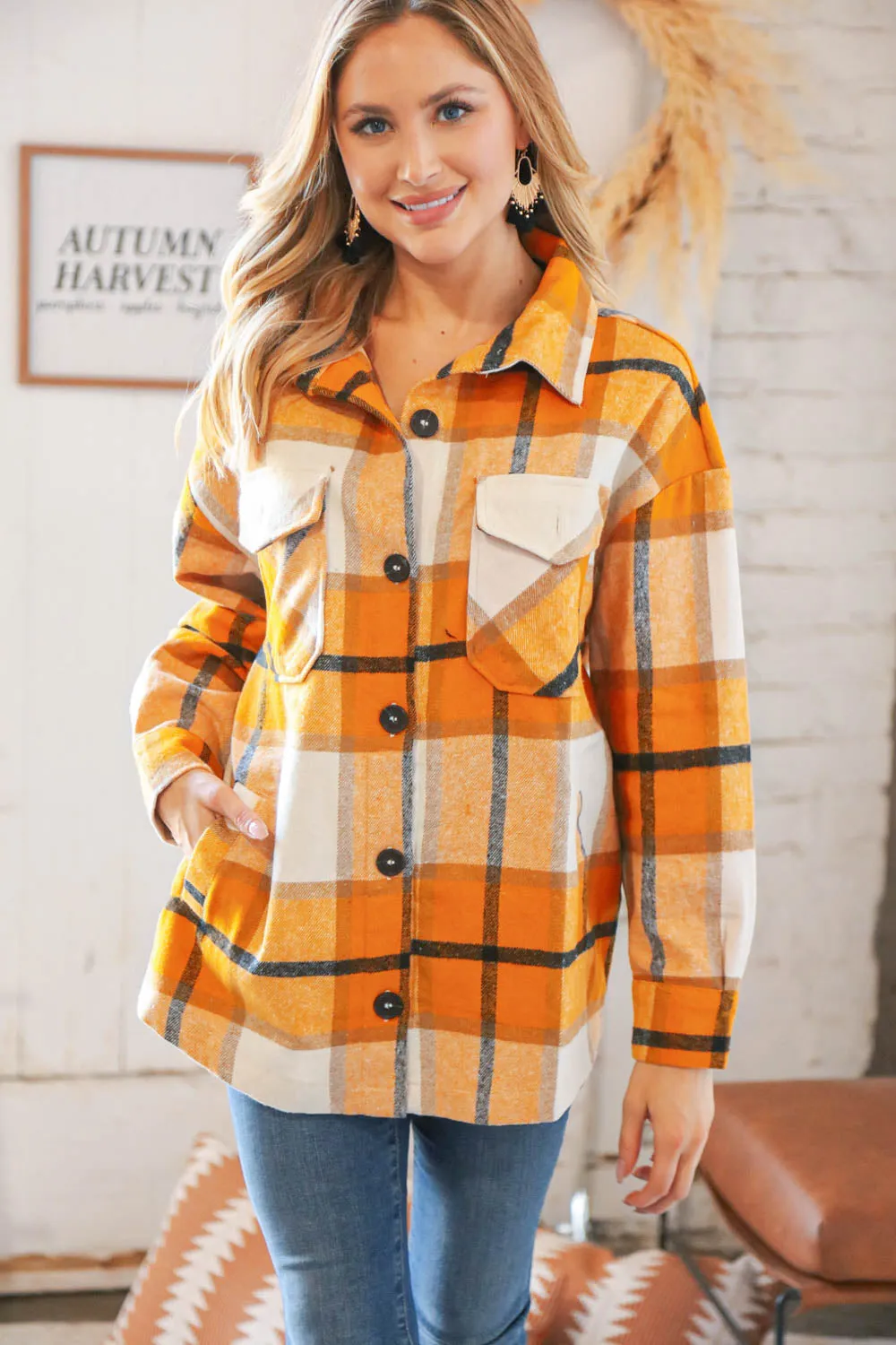 Mustard Plaid Flannel Button Down Oversized Jacket