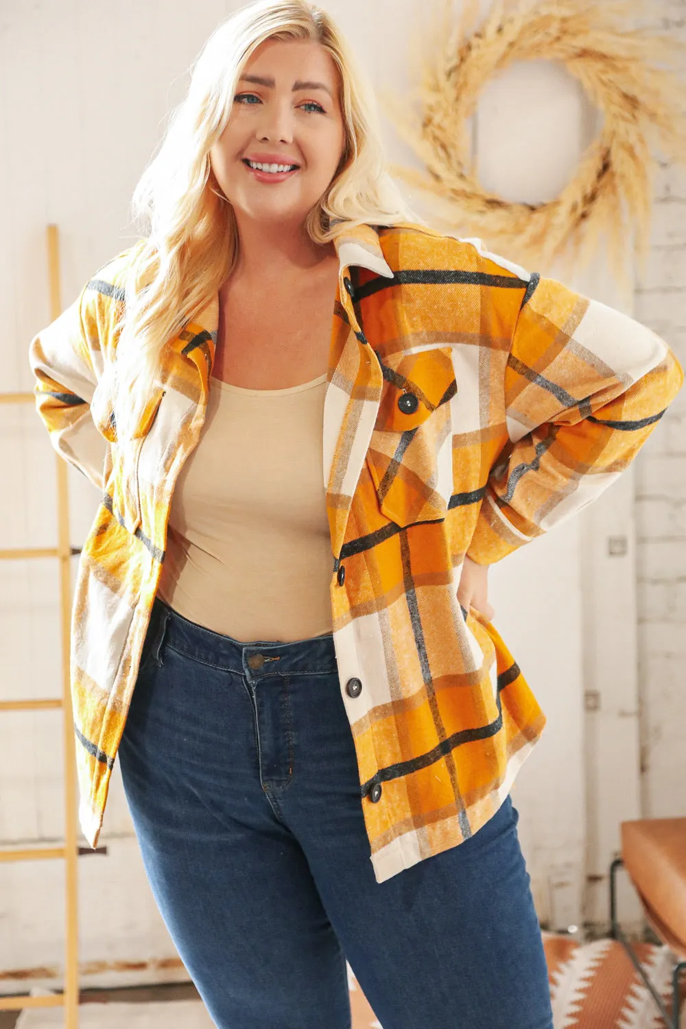 Mustard Plaid Flannel Button Down Oversized Jacket