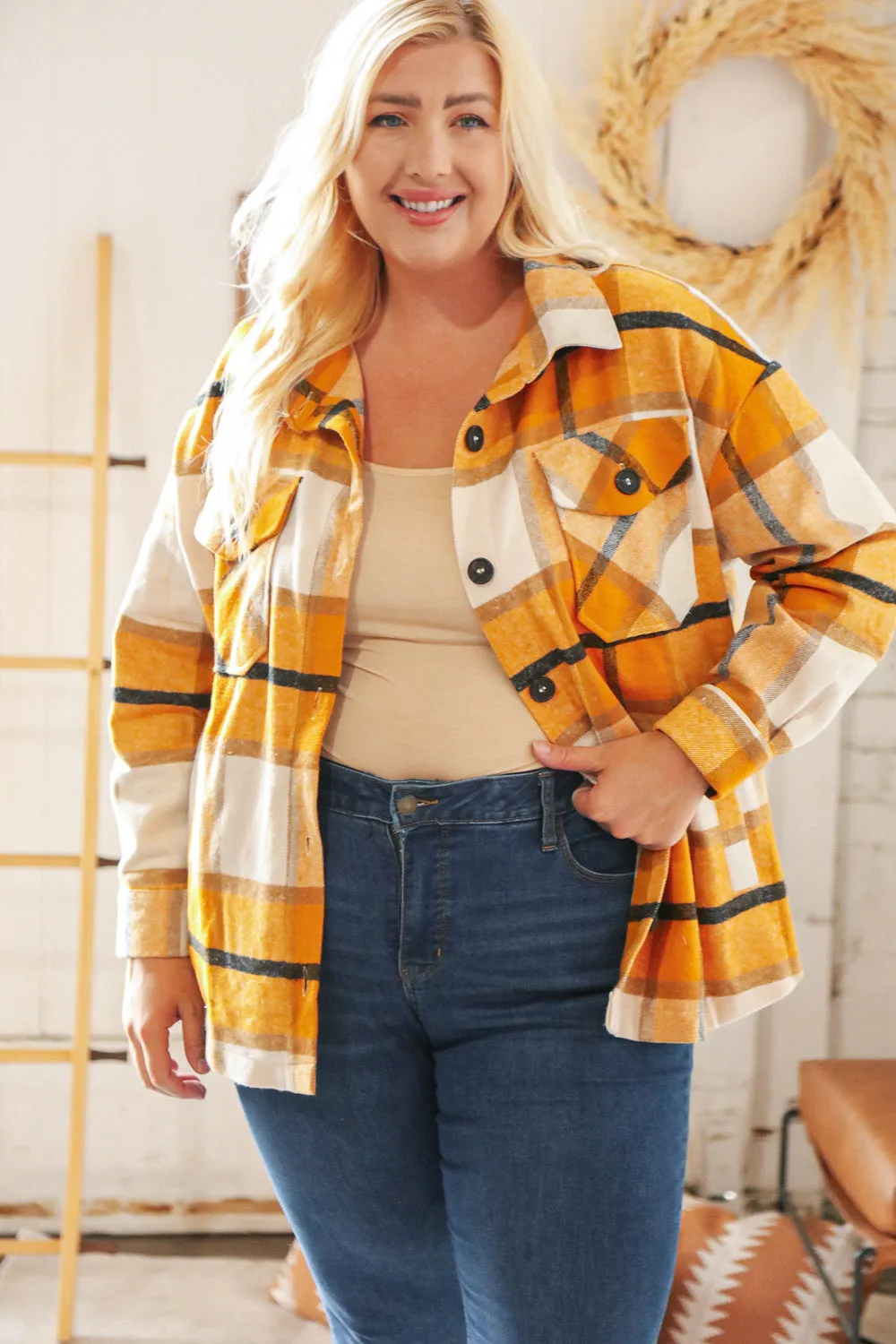 Mustard Plaid Flannel Button Down Oversized Jacket