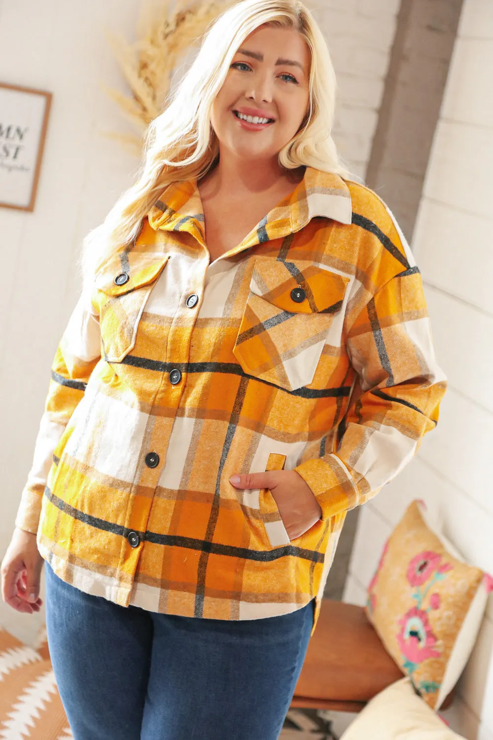 Mustard Plaid Flannel Button Down Oversized Jacket