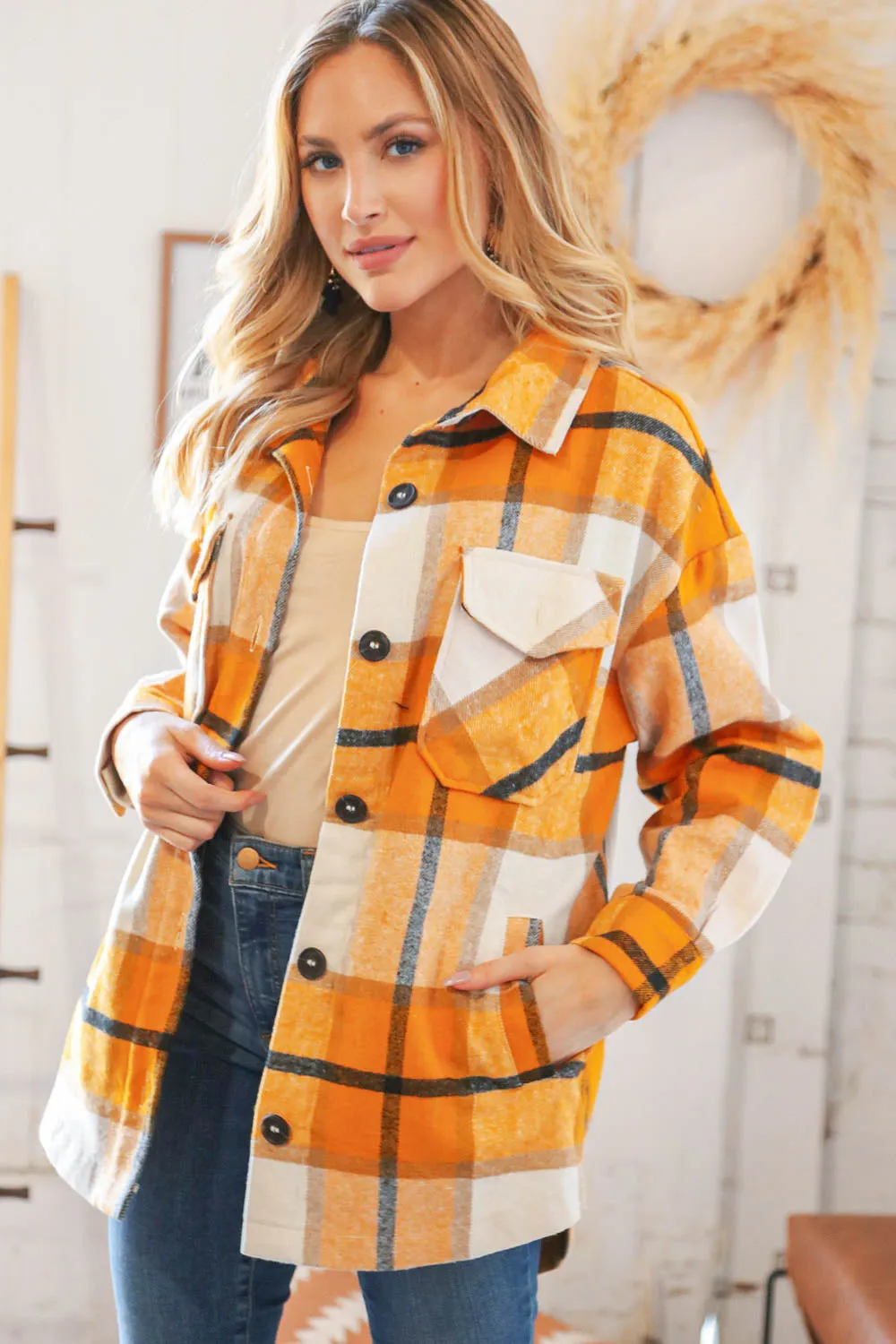 Mustard Plaid Flannel Button Down Oversized Jacket