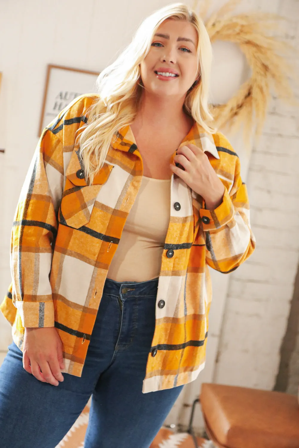 Mustard Plaid Flannel Button Down Oversized Jacket