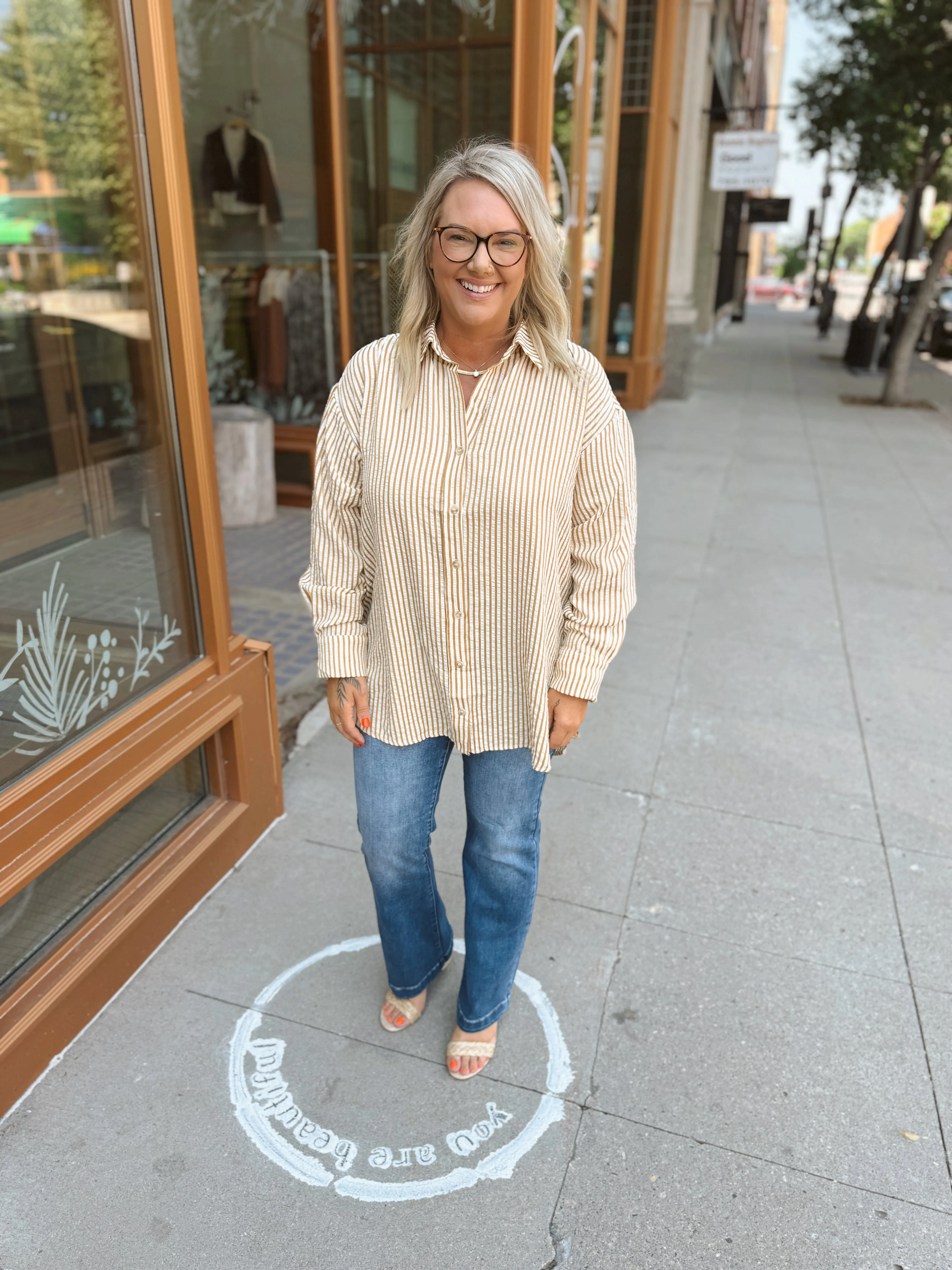 Mustard Stripe Collar Button Down Top