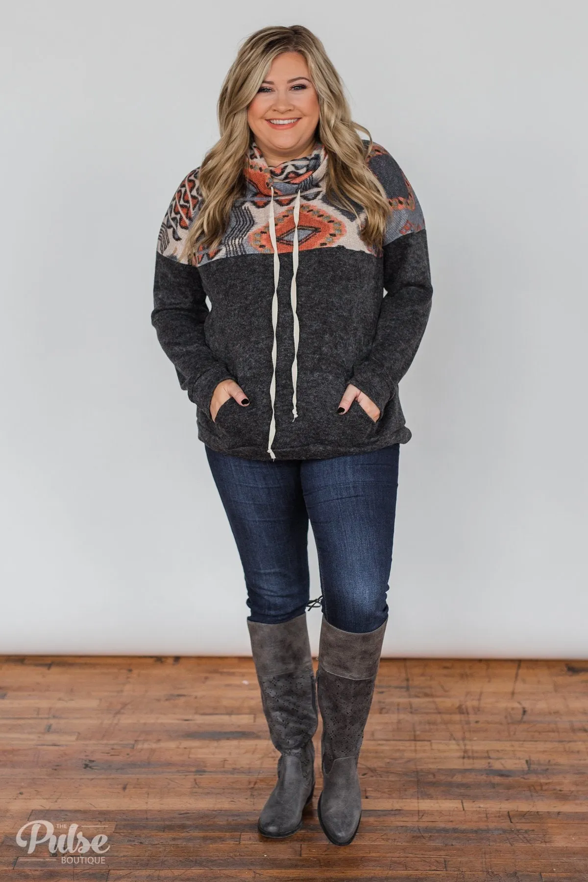 My Tribe Printed Cowl Neck Top - Charcoal