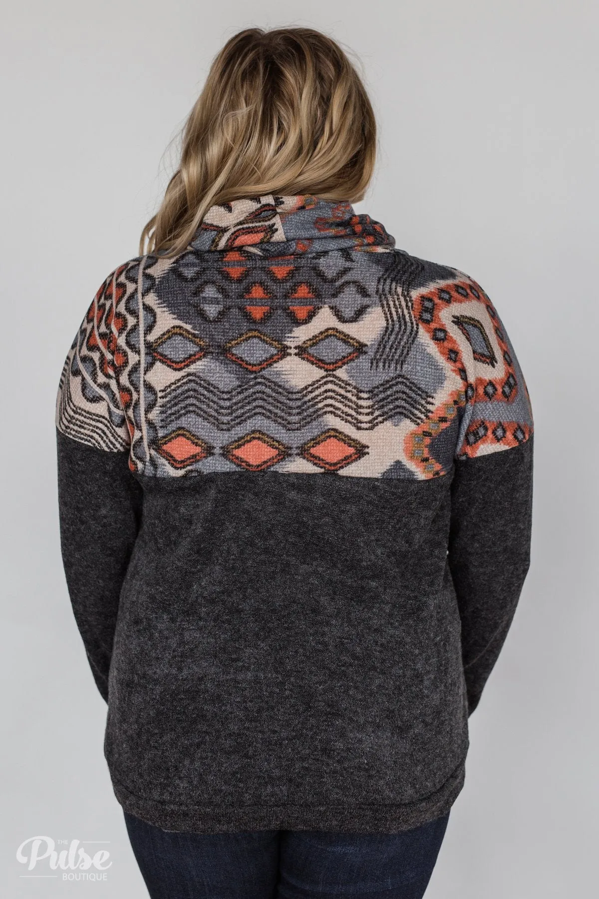 My Tribe Printed Cowl Neck Top - Charcoal