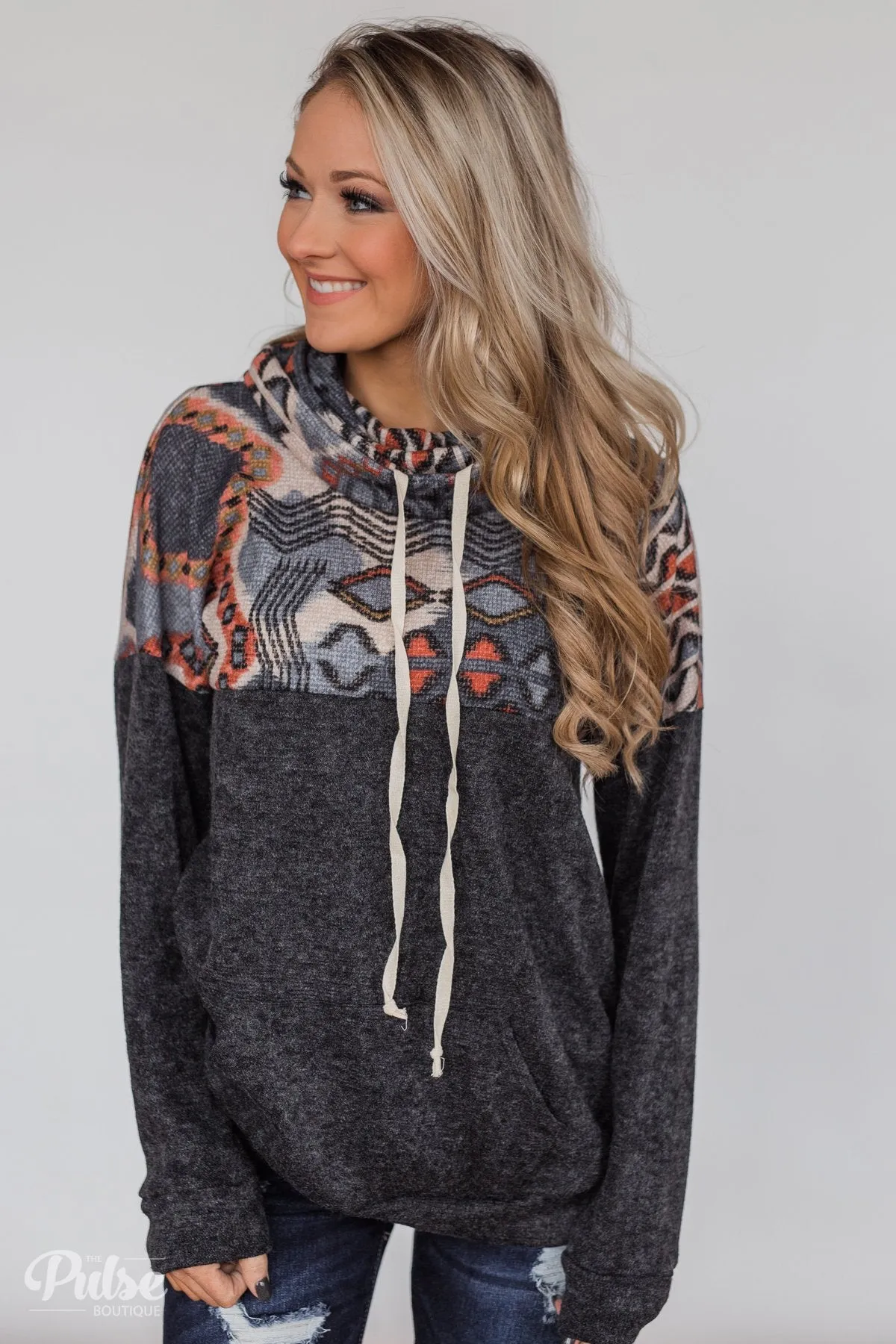 My Tribe Printed Cowl Neck Top - Charcoal