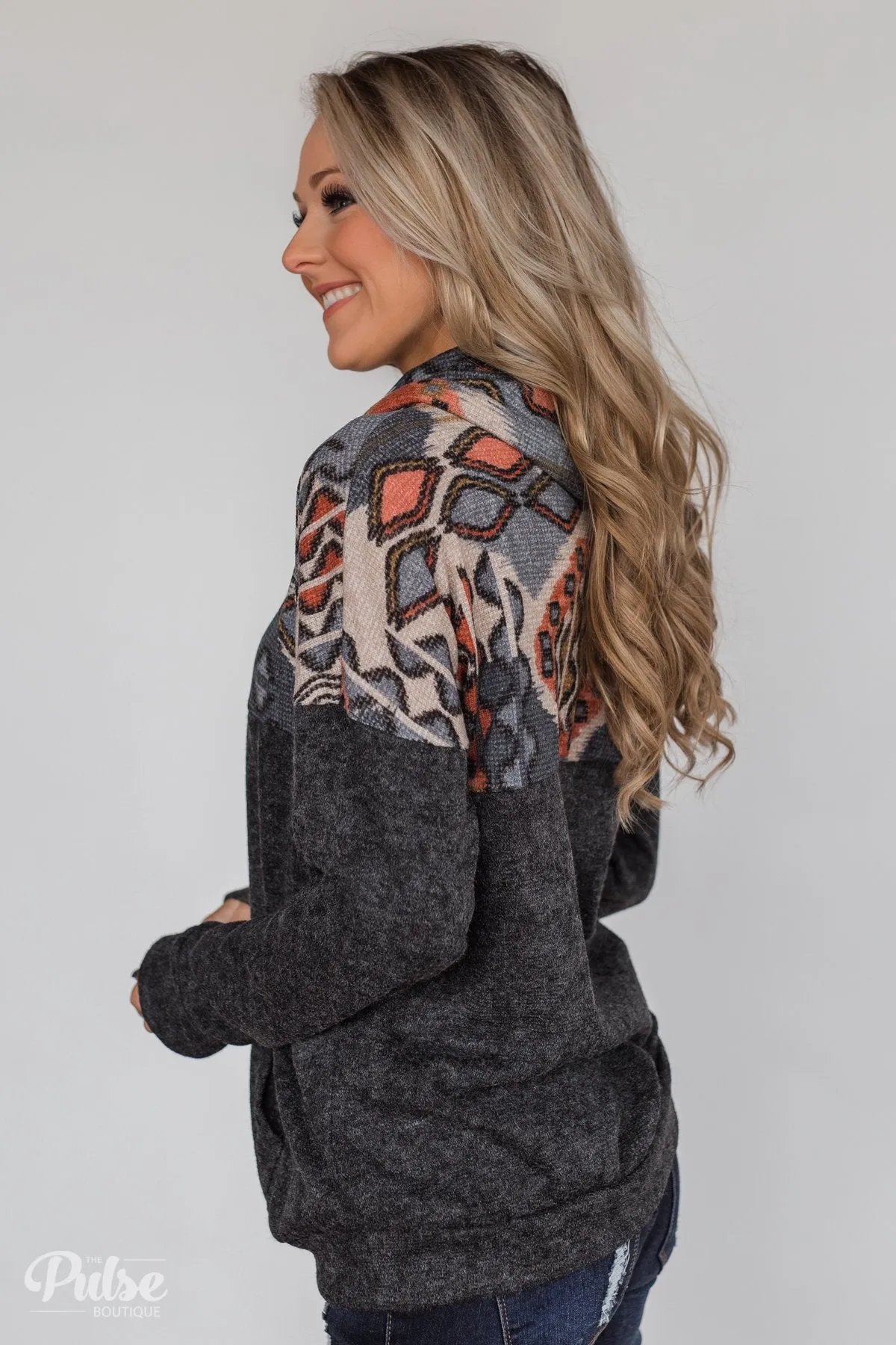 My Tribe Printed Cowl Neck Top - Charcoal