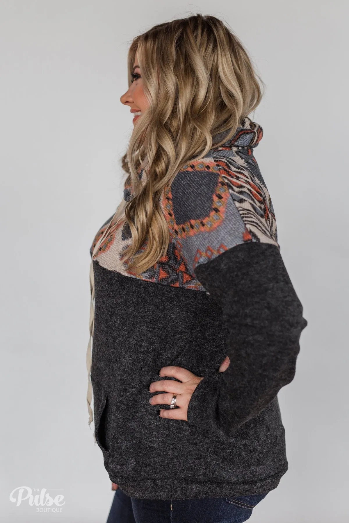 My Tribe Printed Cowl Neck Top - Charcoal