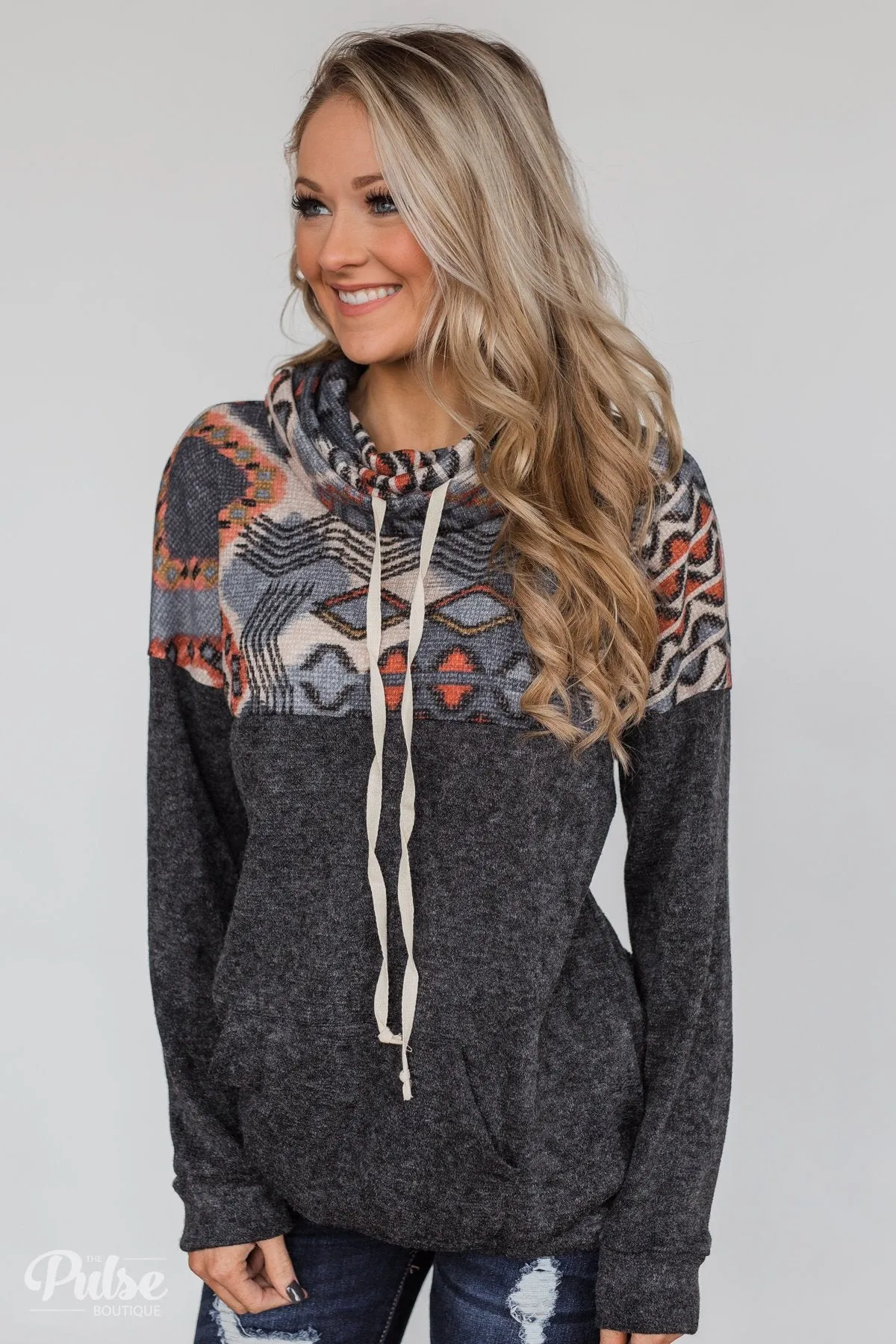My Tribe Printed Cowl Neck Top - Charcoal