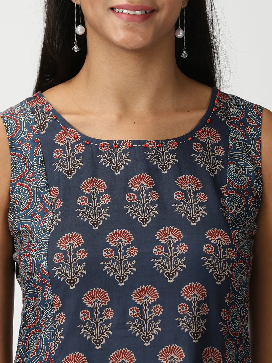 Navy Blue Ethnic Motifs Printed Panelled Midi Dress
